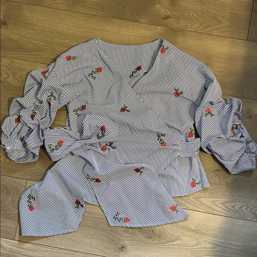 Striped Wrap Top with Red Rose Embroidery